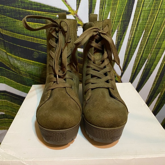 Olive Green Lace Up Boots - Picture 2 of 10